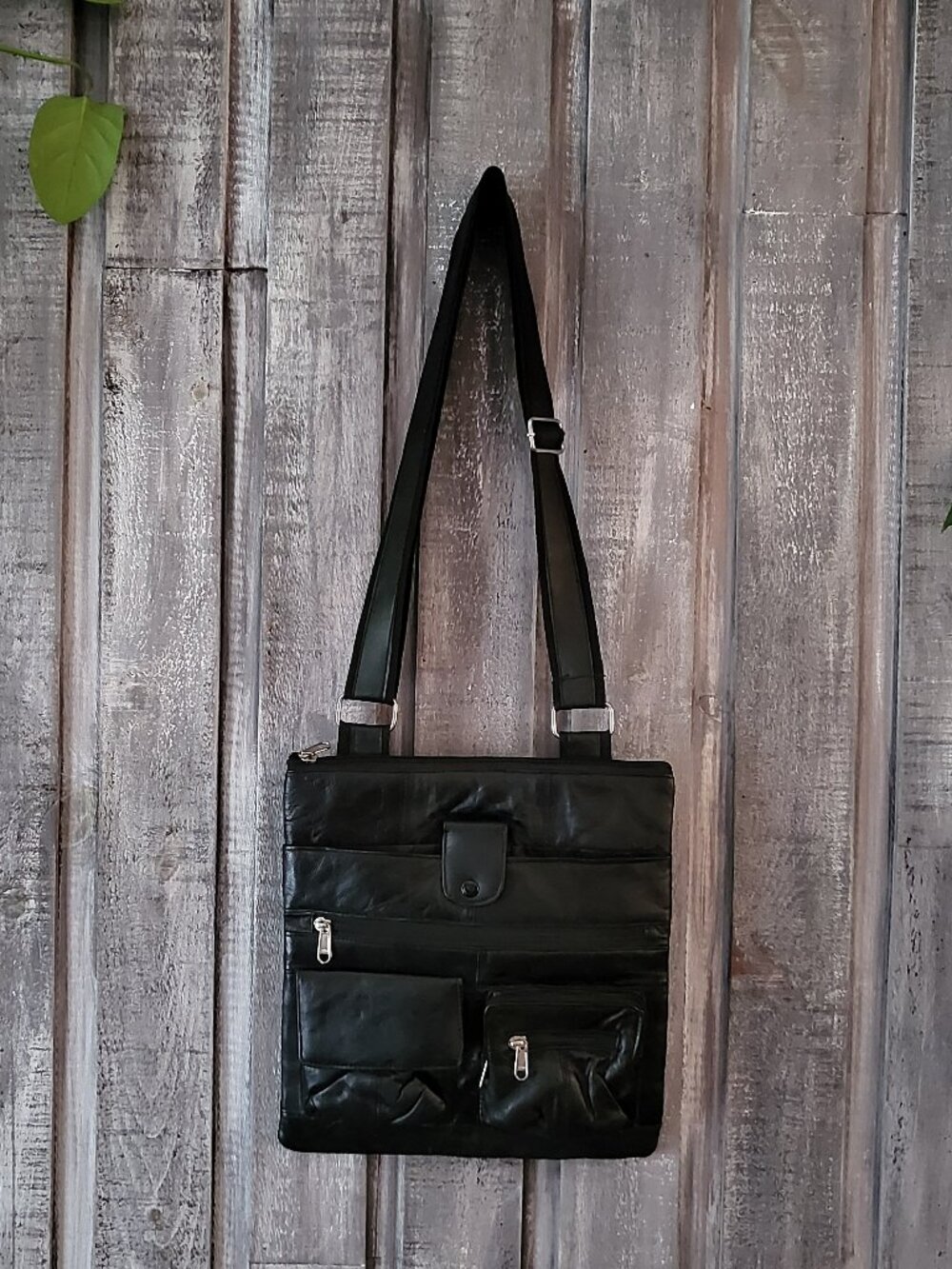 Vintage Black Genuine Leather Multi Pocket Crossbody Bag Never Worn